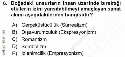 6. soru: Doğadaki unsurların insan üzerinde bıraktığı etkilerin izini yansıtabilmeyi amaçlayan sanat akımı aşağıdakilerden han…