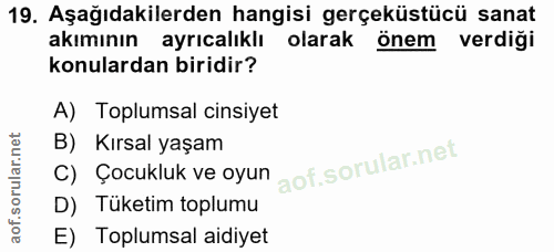 19. soru: Aşağıdakilerden hangisi gerçeküstücü sanat akımının ayrıcalıklı olarak önem verdiği konulardan biridir? A) Toplumsal…