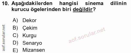 10. soru: Aşağıdakilerden hangisi sinema dilinin kurucu ögelerinden biri değildir? A) Dekor B) Çekim C) Kurgu D) Senaryo E) Miz…