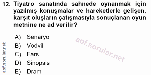 12. soru: Tiyatro sanatında sahnede oynanmak için yazılmış konuşmalar ve hareketlerle gelişen, karşıt oluşların çatışmasıyla so…