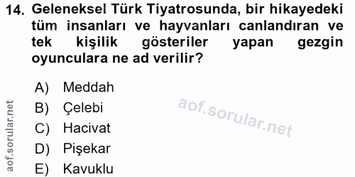14. soru: Geleneksel Türk Tiyatrosunda, bir hikayedeki tüm insanları ve hayvanları canlandıran ve tek kişilik gösteriler yapan…