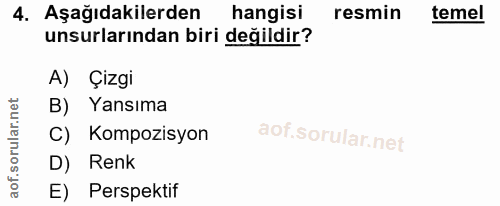 4. soru: Aşağıdakilerden hangisi resmin temel unsurlarından biri değildir? A) Çizgi B) Yansıma C) Kompozisyon D) Renk E) Persp…