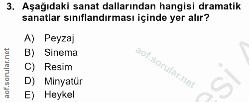 3. soru: Aşağıdaki sanat dallarından hangisi dramatik sanatlar sınıflandırması içinde yer alır? A) Peyzaj B) Sinema C) Resim D…