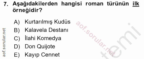 7. soru: Aşağıdakilerden hangisi roman türünün ilk örneğidir? A) Kurtarılmış Kudüs B) Kalavela Destanı C) İlahi Komedya f.soru…