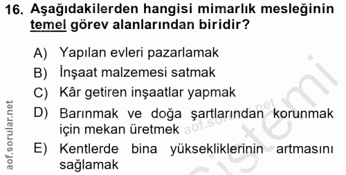16. soru: Aşağıdakilerden hangisi mimarlık mesleğinin temel görev alanlarından biridir? A) Yapılan evleri pazarlamak B) İnşaat…