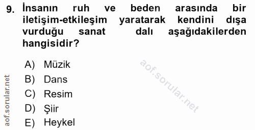 9. soru: Insanın ruh ve beden arasında bir iletişim-etkileşim yaratarak kendini dışa vurduğu sanat dalı aşağıdakilerden hangis…