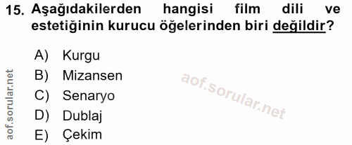 15. soru: Aşağıdakilerden hangisi film dili ve estetiğinin kurucu öğelerinden biri değildir? A) Kurgu B) Mizansen C) Senaryo D)…