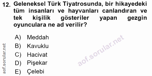 12. soru: Geleneksel Türk Tiyatrosunda, bir hikayedeki tüm insanları ve hayvanları canlandıran ve tek kişilik gösteriler yapan…