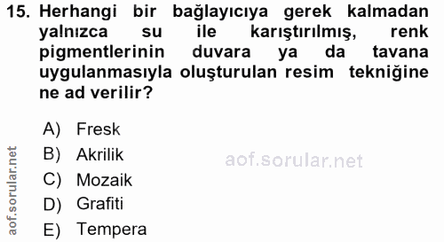 15. soru: Herhangi bir bağlayıcıya gerek kalmadan yalnızca su ile karıştırılmış, renk pigmentlerinin duvara ya da tavana uygula…