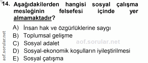 14. soru: Aşağıdakilerden hangisi sosyal çalışma mesleğinin felsefesi içinde yer almamaktadır? A) İnsan hak ve özgürlüklerine s…