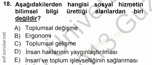 18. soru: Aşağıdakilerden hangisi sosyal hizmetin bilimsel bilgi ürettiği alanlardan biri değildir? A) Toplumsal değişme B) Erg…