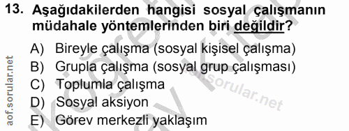 13. soru: Aşağıdakilerden hangisi sosyal çalışmanın müdahale yöntemlerinden biri değildir? A) Bireyle çalışma (sosyal kişisel ç…
