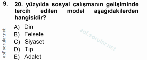 9. soru: 20. yüzyılda sosyal çalışmanın gelişiminde tercih edilen model aşağıdakilerden hangisidir? A) Din B) Felsefe C) Siyas…