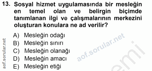 13. soru: Sosyal hizmet uygulamasında bir mesleğin en temel olan ve belirgin biçimde tanımlanan ilgi ve çalışmalarının merkezin…