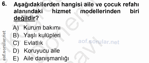 6. soru: Aşağıdakilerden hangisi aile ve çocuk refahı alanındaki hizmet modellerinden biri değildir? A) Kurum bakımı B) Yaşlı…