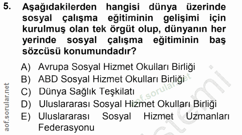 5. soru: Aşağıdakilerden hangisi dünya üzerinde sosyal çalışma eğitiminin gelişimi için kurulmuş olan tek örgüt olup, dünyanın…