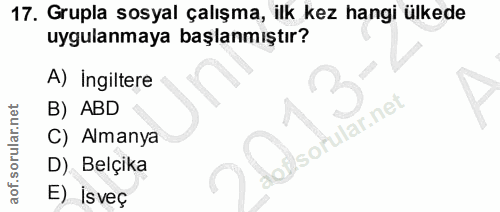17. soru: Grupla sosyal çalışma, ilk kez hangi ülkede uygulanmaya başlanmıştır? A) ingiltere 3 B) ABD ular.net C) Almanya Son D…