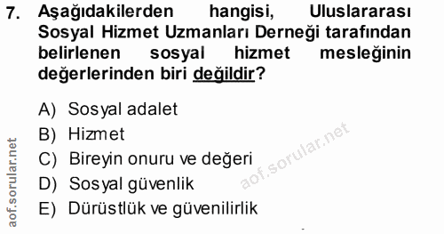 7. soru: Aşağıdakilerden hangisi, Uluslararası Sosyal Hizmet Uzmanları Derneği tarafından belirlenen sosyal hizmet mesleğinin…