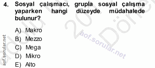 4. soru: Sosyal çalışmacı, grupla sosyal çalışma yaparken hangi düzeyde müdahalede bulunur? A) Makro B) Mezzo C) Mega D) Mikro…