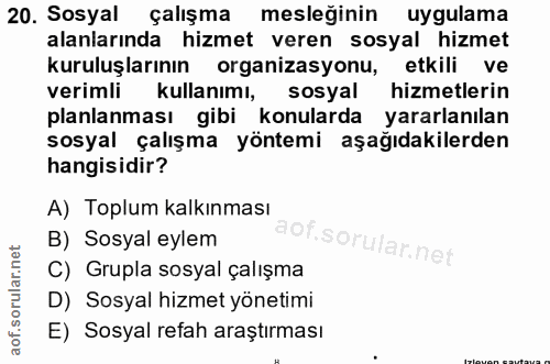 20. soru: Sosyal çalışma mesleğinin uygulama alanlarında hizmet veren sosyal hizmet kuruluşlarının organizasyonu, etkili ve ver…