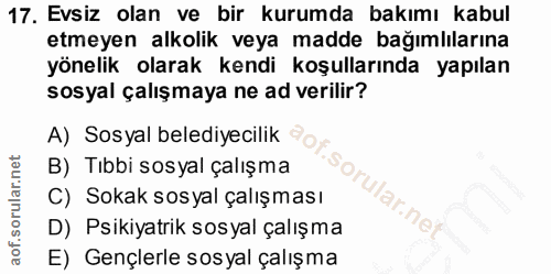 17. soru: Evsiz olan ve bir kurumda bakımı kabul etmeyen alkolik veya madde bağımlılarına yönelik olarak kendi koşullarında yap…
