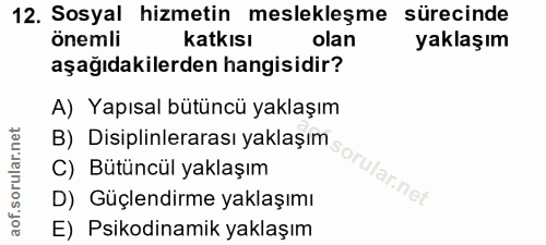 12. soru: Sosyal hizmetin meslekleşme sürecinde önemli katkısı olan yaklaşım aşağıdakilerden hangisidir? A) Yapısal bütüncü yak…