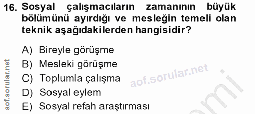 16. soru: Sosyal çalışmacıların zamaninin büyük bölümünü ayırdığı ve mesleğin temeli olan teknik aşağıdakilerden hangisidir? A)…
