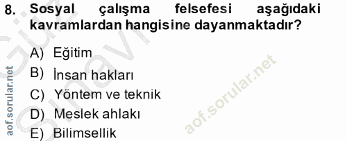 8. soru: Sosyal çalışma felsefesi aşağıdaki kavramlardan hangisine dayanmaktadır? A) Eğitim B) Insan hakları C) Yöntem ve tekn…