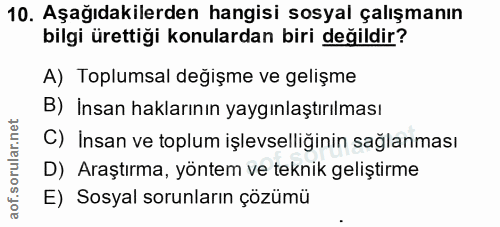 10. soru: Aşağıdakilerden hangisi sosyal çalışmanın bilgi ürettiği konulardan biri değildir? A) Toplumsal değişme ve gelişme B)…