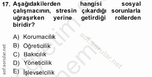 17. soru: Aşağıdakilerden hangisi sosyal çalışmacının, stresin çıkardığı sorunlarla uğraşırken yerine getirdiği rollerden birid…