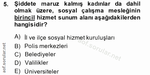 5. soru: Şiddete maruz kalmış kadınlar da dahil olmak üzere, sosyal çalışma mesleğinin birincil hizmet sunum alanı aşağıdakile…