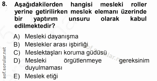 8. soru: Aşağıdakilerden hangisi mesleki roller yerine getirilirken meslek elemanı üzerinde bir yaptırım unsuru olarak kabul e…