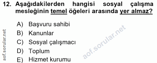 12. soru: Aşağıdakilerden hangisi sosyal çalışma mesleğinin temel öğeleri arasında yer almaz? A) Başvuru sahibi B) Kanunlar C)…