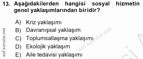 13. soru: Aşağıdakilerden hangisi sosyal hizmetin genel yaklaşımlarından biridir? A) Kriz yaklaşımı C) Toplumsallaşma yaklaşımı…