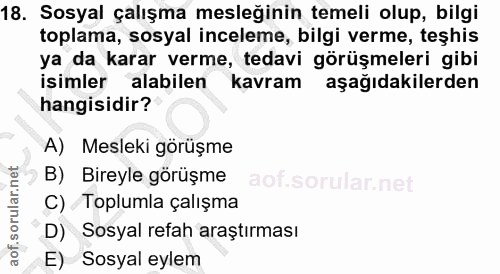 18. soru: Sosyal çalışma mesleğinin temeli olup, bilgi toplama, sosyal inceleme, bilgi verme, teşhis ya da karar verme, tedavi…