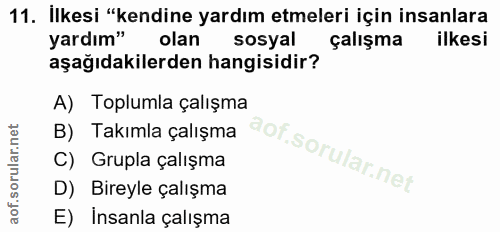 11. soru: İlkesi "kendine yardım etmeleri için insanlara yardım" olan sosyal çalışma ilkesi aşağıdakilerden hangisidir? A) Topl…