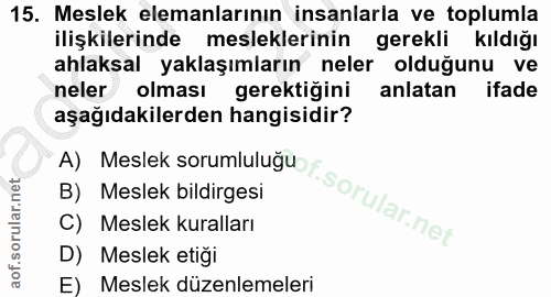 15. soru: Meslek elemanlarının insanlarla ve toplumla ilişkilerinde mesleklerinin gerekli kıldığı ahlaksal yaklaşımların neler…