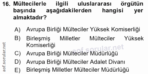 16. soru: Mültecilerle ilgili uluslararası örgütün başında aşağıdakilerden hangisi yer almaktadır? A) Avrupa Birliği Mülteciler…