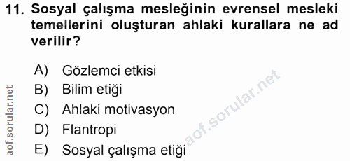 11. soru: Sosyal çalışma mesleğinin evrensel mesleki temellerini oluşturan ahlaki kurallara ne ad verilir? A) Gözlemci etkisi B…