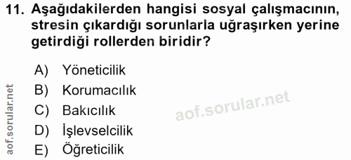 11. soru: Aşağıdakilerden hangisi sosyal çalışmacının, stresin çıkardığı sorunlarla uğraşırken yerine getirdiği rollerden birid…