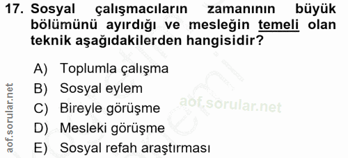 17. soru: Sosyal çalışmacıların zamaninin büyük bölümünü ayırdığı ve mesleğin temeli olan teknik aşağıdakilerden hangisidir? A)…