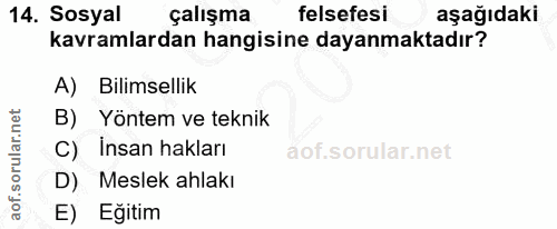 14. soru: Sosyal çalışma felsefesi aşağıdaki kavramlardan hangisine dayanmaktadır? A) Bilimsellik B) Yöntem ve teknik C) İnsan…