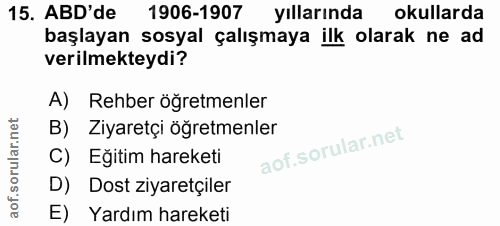 15. soru: ABD'de 1906-1907 yıllarında okullarda başlayan sosyal çalışmaya ilk olarak ne ad verilmekteydi? A) Rehber öğretmenler…
