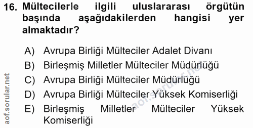16. soru: Mültecilerle ilgili uluslararası örgütün başında aşağıdakilerden hangisi yer almaktadır? A) Avrupa Birliği Mülteciler…