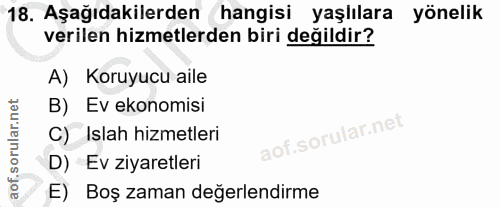 18. soru: Aşağıdakilerden hangisi yaşlılara yönelik verilen hizmetlerden biri değildir? A) Koruyucu aile B) Ev ekonomisi C) Isl…