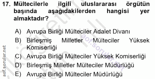 17. soru: Mültecilerle ilgili uluslararası örgütün başında aşağıdakilerden hangisi yer almaktadır? A) Avrupa Birliği Mülteciler…