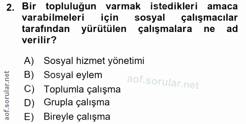 2. soru: Bir topluluğun varmak istedikleri amaca varabilmeleri için sosyal çalışmacılar tarafından • yürütülen çalışmalara ne…