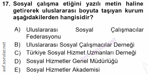 17. soru: Sosyal çalışma etiğini yazılı metin haline getirerek uluslararası boyuta taşıyan kurum aşağıdakilerden hangisidir? A)…