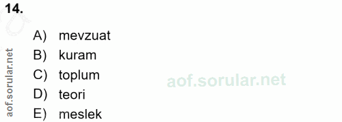 14. soru: A) mevzuat B) kuram C) toplum D) teori E) meslek