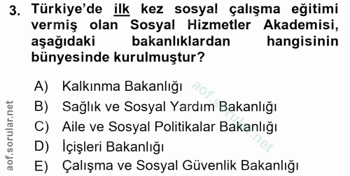 3. soru: Türkiye'de ilk kez sosyal çalışma eğitimi vermiş olan Sosyal Hizmetler Akademisi, aşağıdaki bakanlıklardan hangisinin…